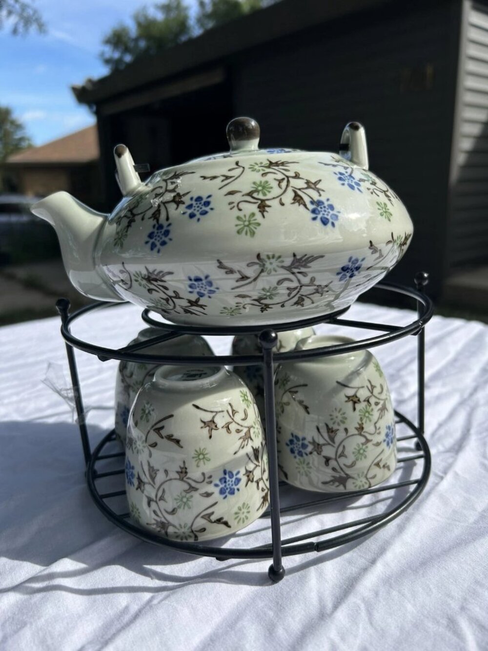 Pier 1 Tomoko Hand-Painted Teapot W/Lid & 4 Cups Floral Porcelain Tea Set EC